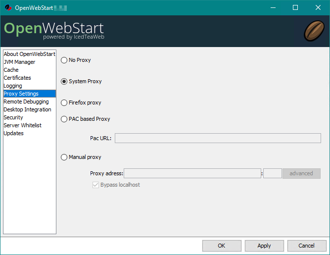 OpenWebStart Proxy Settings